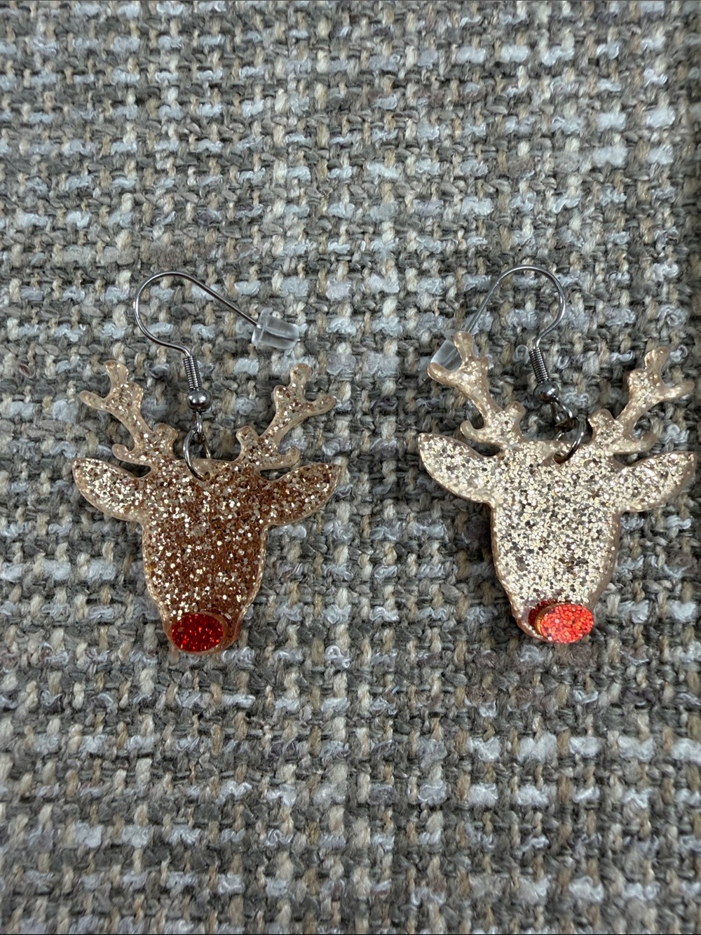 Glitter Reindeer Dangle Earrings with Red Nose